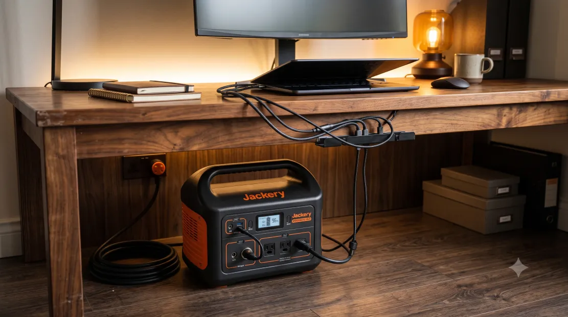 Anker SOLIX C1000 power station powering a home office desk setup