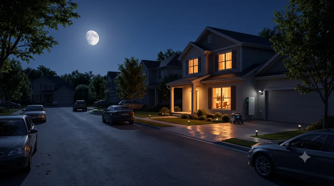 Neighborhood during a blackout with one home keeping its lights on using backup power
