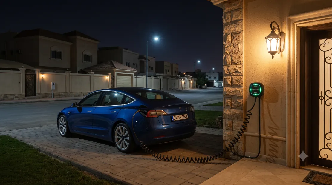 Electric car charging in a driveway at night