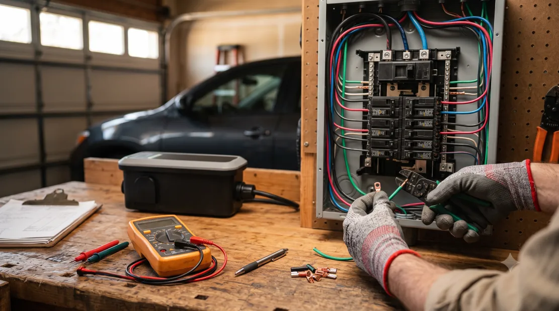 Electrician wiring a new circuit at a home electrical panel for an EV charger