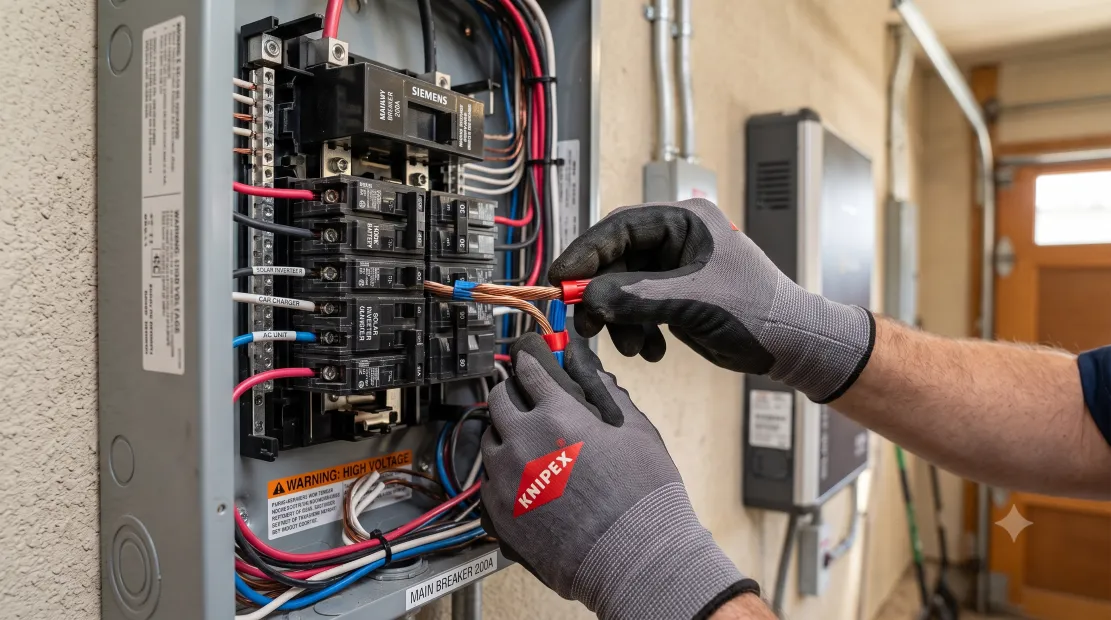 Electrician wiring a home battery backup system to an electrical panel