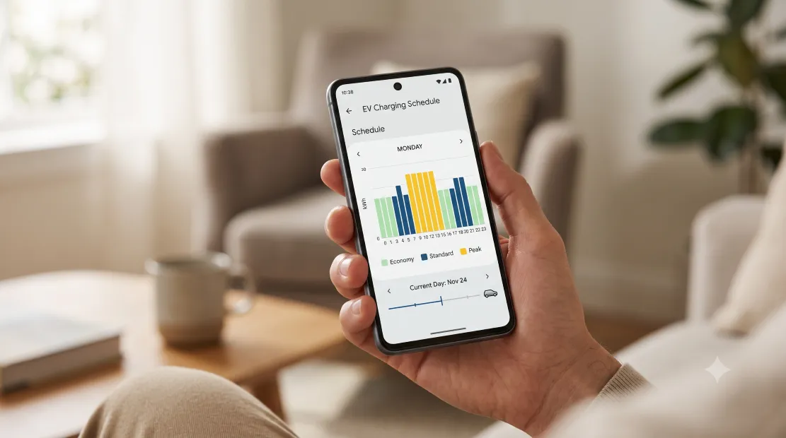 Smartphone displaying the Emporia EV charger app with scheduling controls