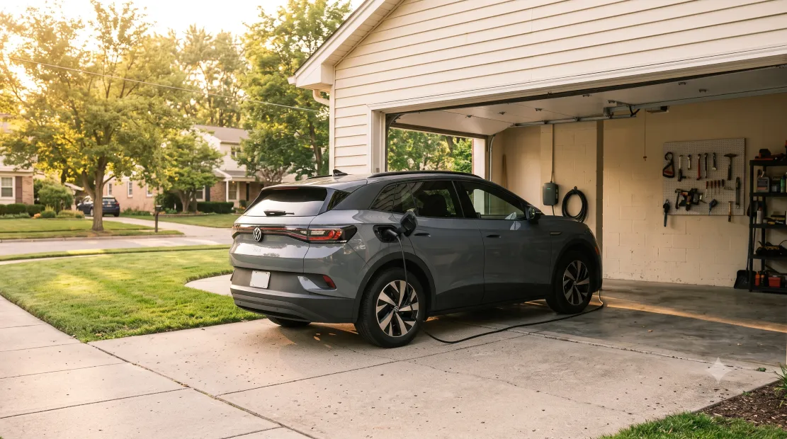 Emporia EV charger mounted on a garage wall next to a parked electric vehicle