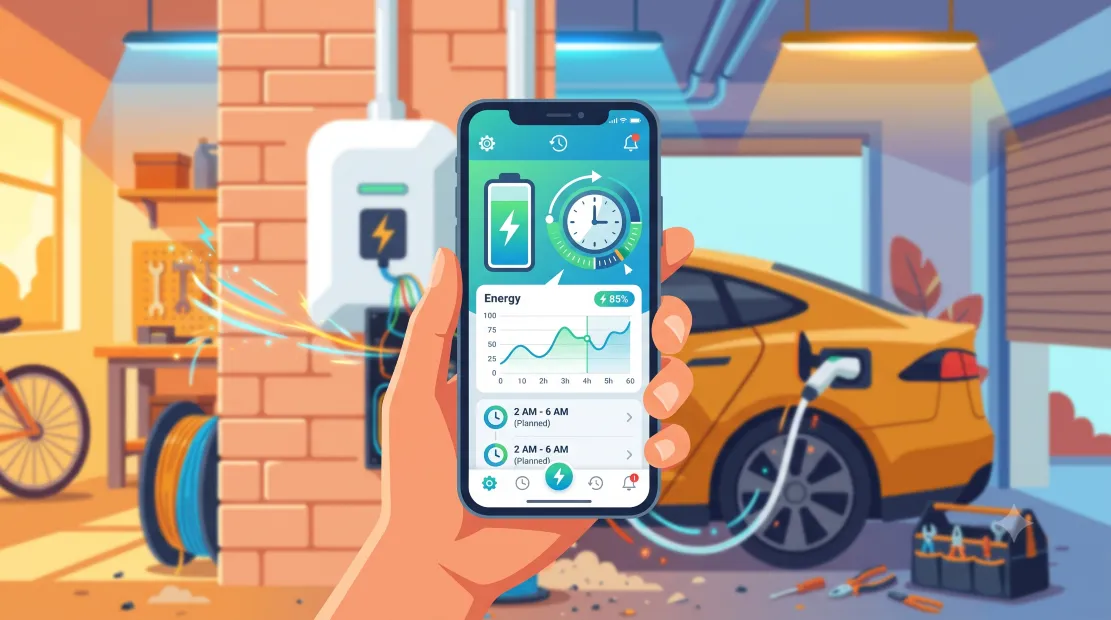 Smartphone displaying an EV charging app with scheduling controls