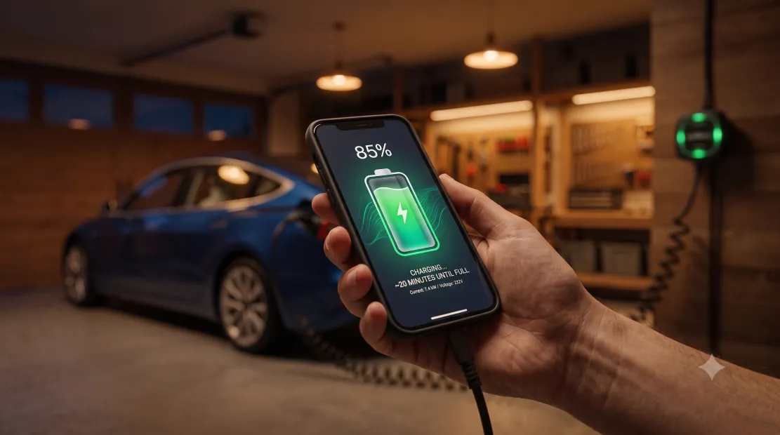 EV charging app showing estimated time remaining on a smartphone