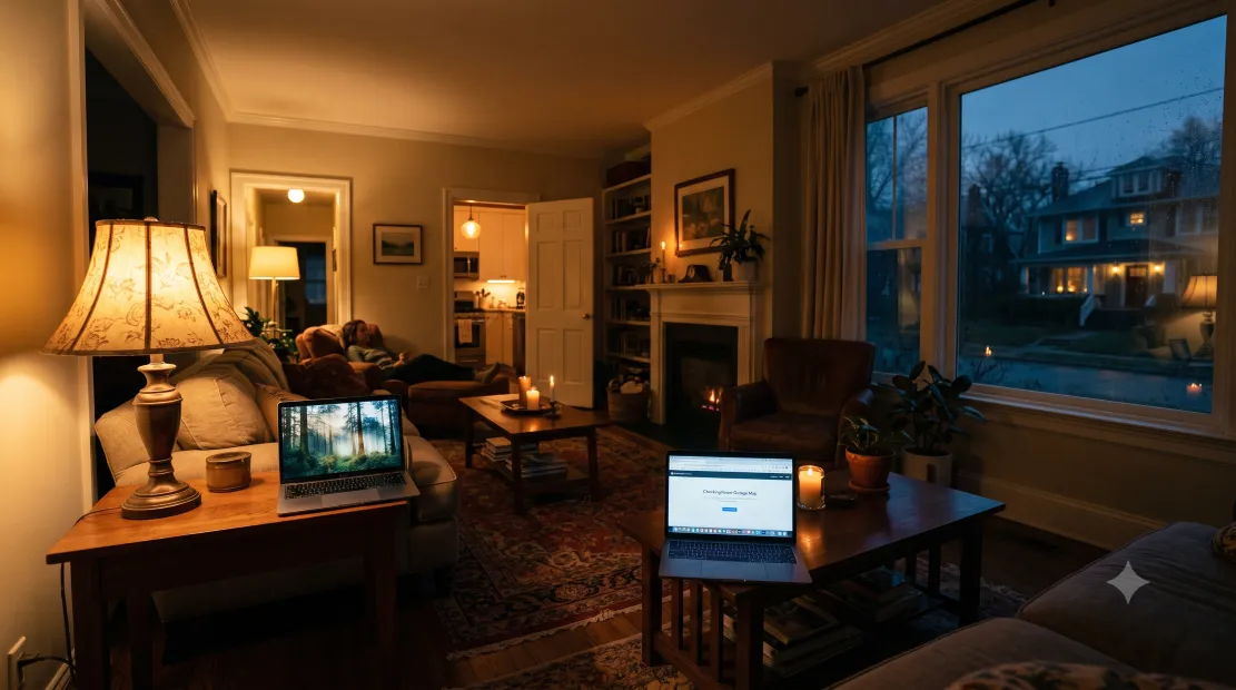 Family using lights and devices at home during a power outage