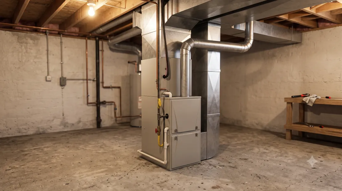 Gas furnace unit installed in a home basement with ductwork