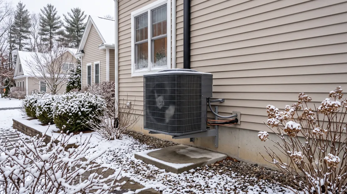 Heat pump outdoor unit mounted on the side of a house in winter
