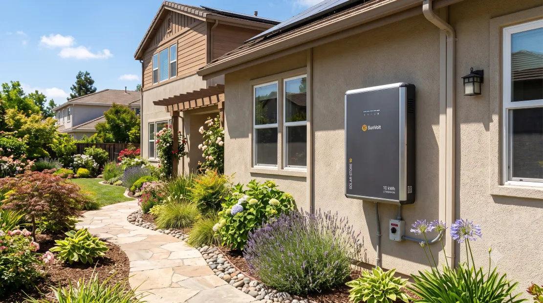 Home battery backup unit mounted on an exterior wall