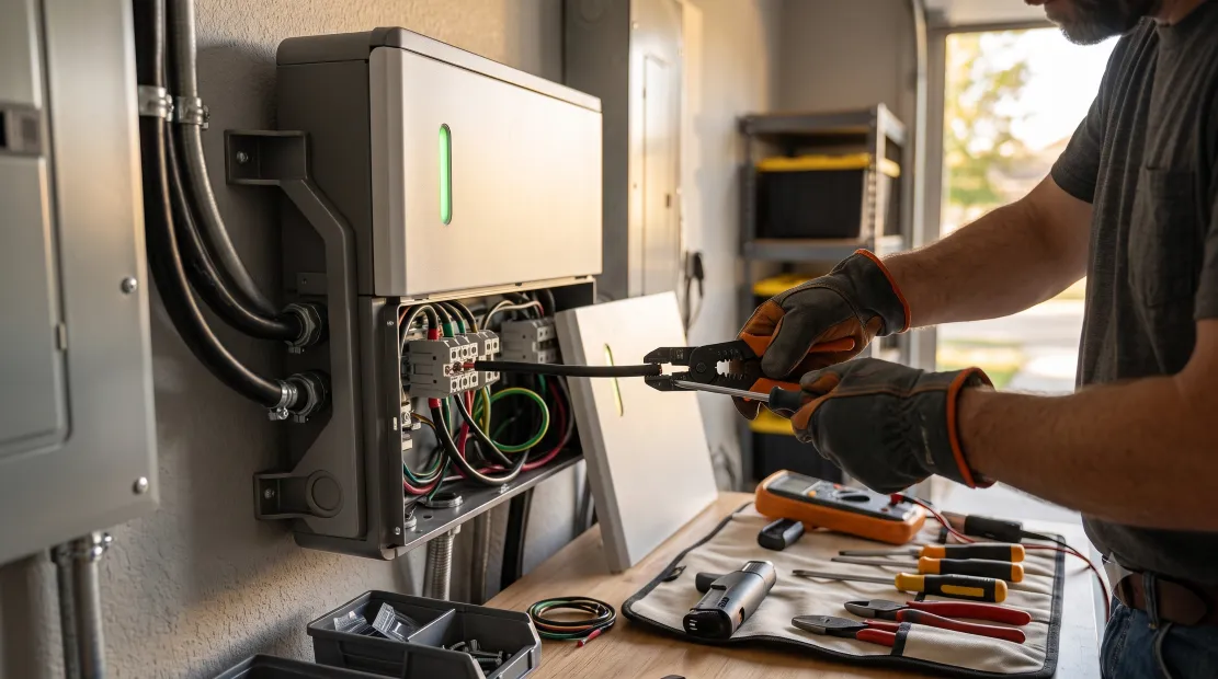 Electrician installing wiring for a home battery storage system