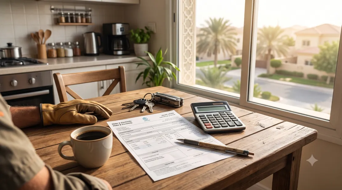 Kitchen table with an electricity bill and calculator showing potential solar savings