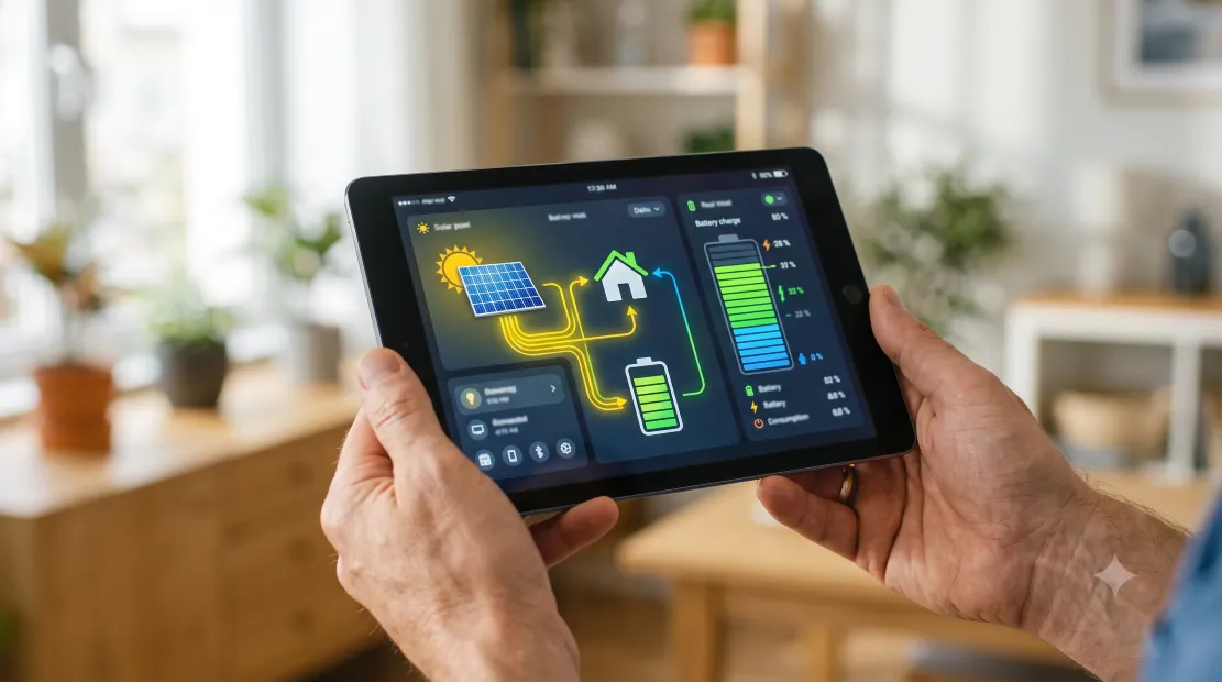 Tablet displaying a home energy monitoring app with battery and solar statistics