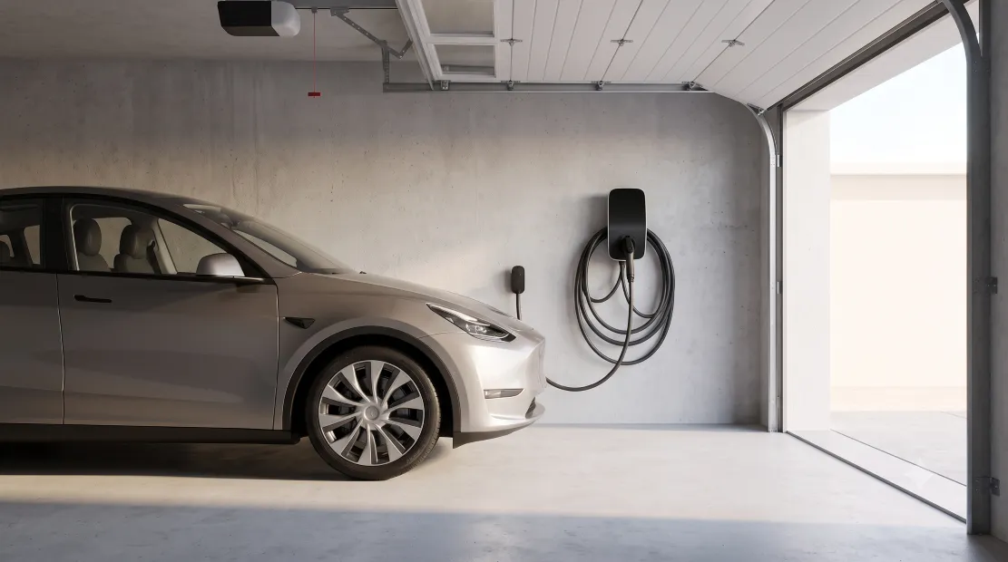 Level 2 EV charger mounted on a garage wall next to a parked electric car