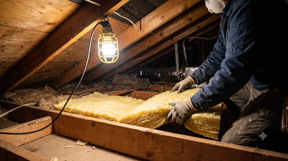 Attic insulation being installed in a home