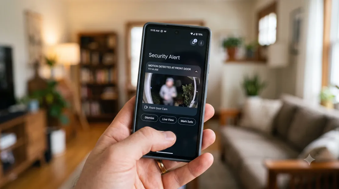Smartphone displaying a home security app notification