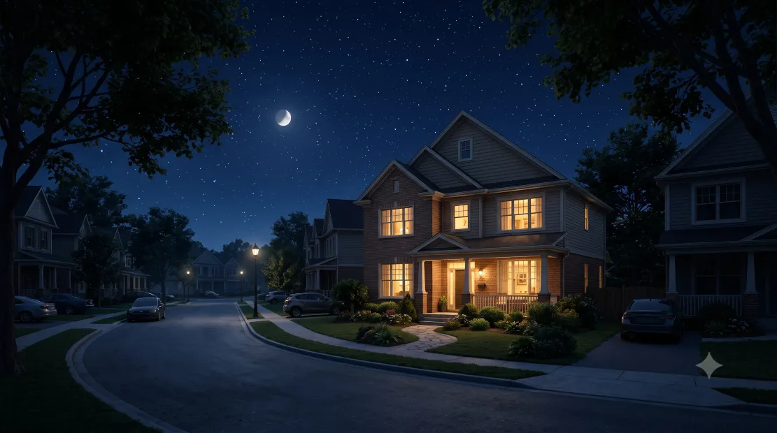House with lights on at night during a power outage, powered by home battery backup