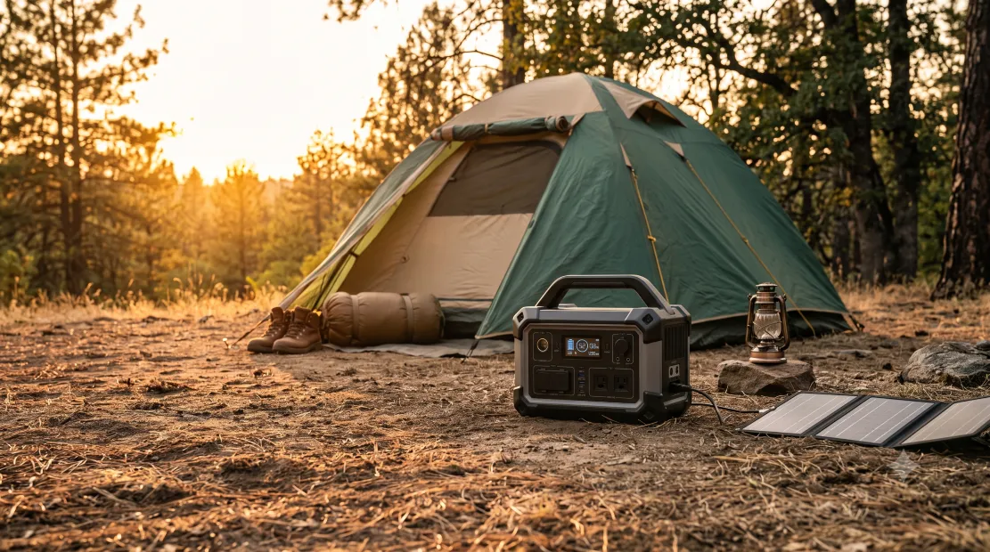 Jackery Explorer 1000 power station set up outdoors at a campsite