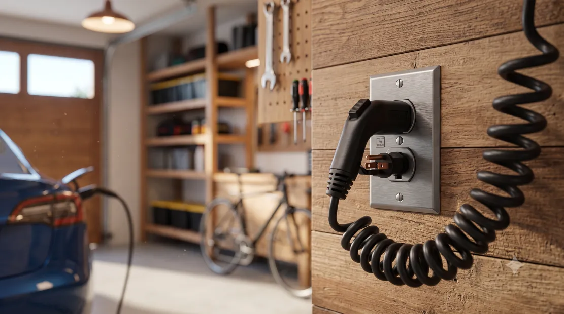 Electric vehicle charging cable plugged into a standard home outlet