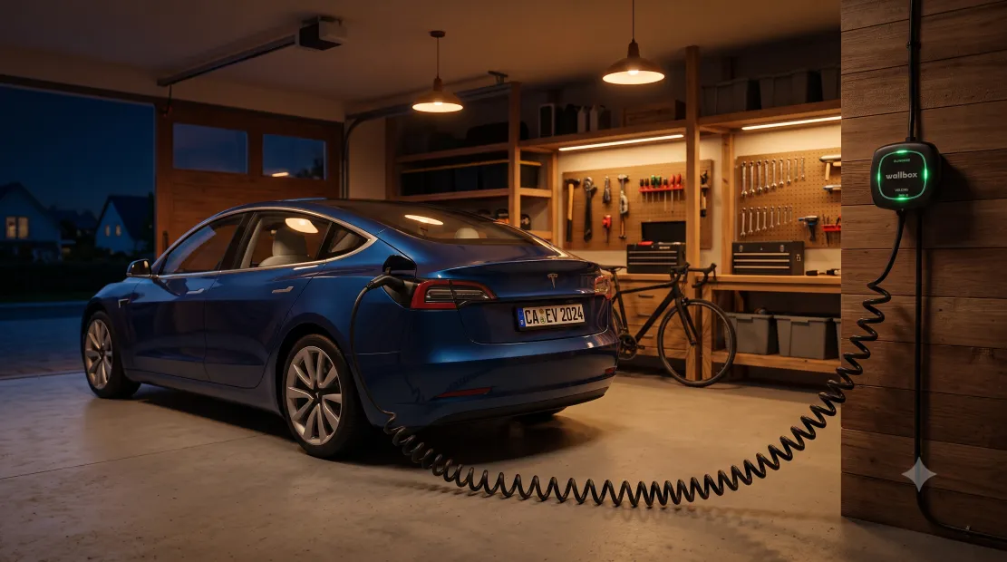 Level 2 EV charger charging a car overnight in a garage