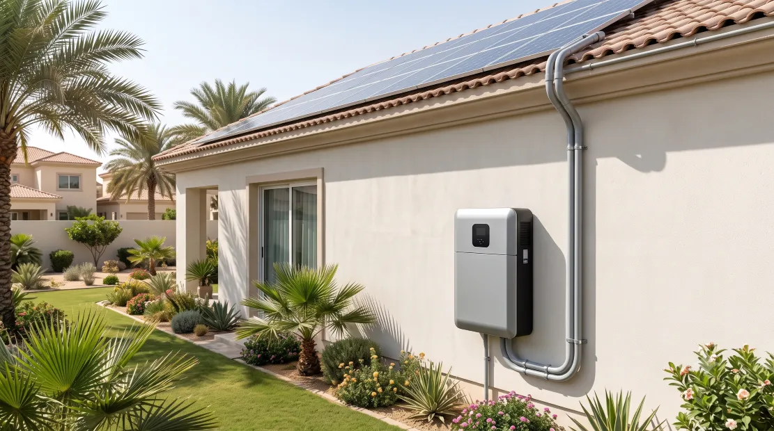 Home battery storage unit installed next to solar panel wiring on an exterior wall