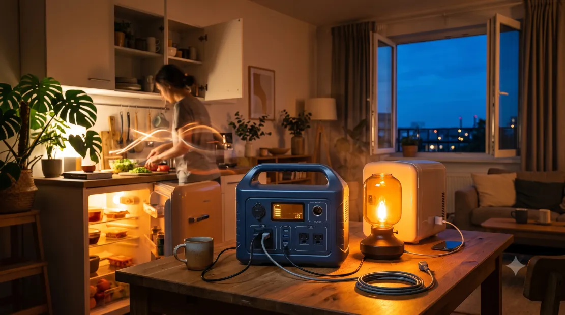 Portable power station powering home appliances during a blackout