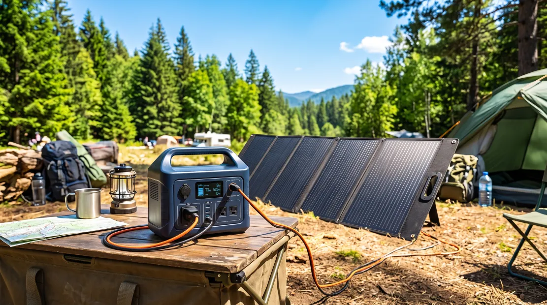 Portable power station charging from a solar panel at a campsite