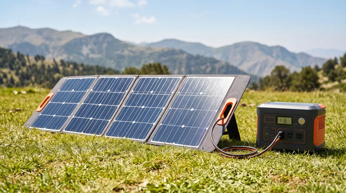 Portable power station charging from a folding solar panel outdoors
