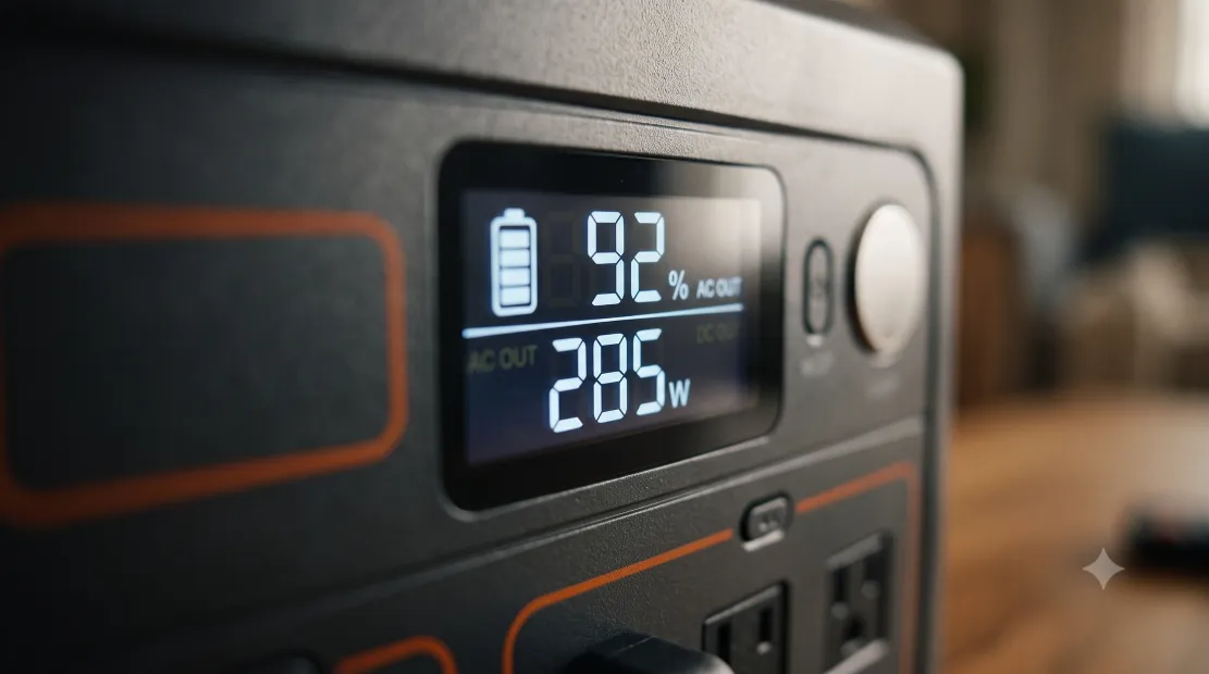Power station LCD display showing battery percentage and output wattage