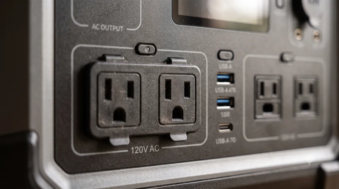 Close-up of power station AC and USB charging ports