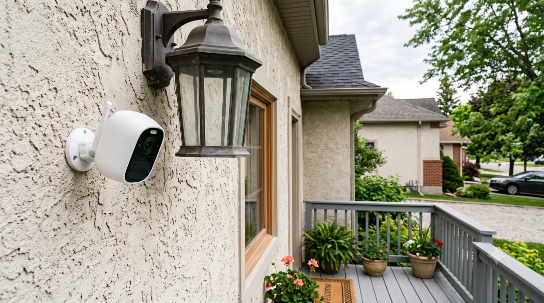 Ring security camera mounted outdoors on a house exterior