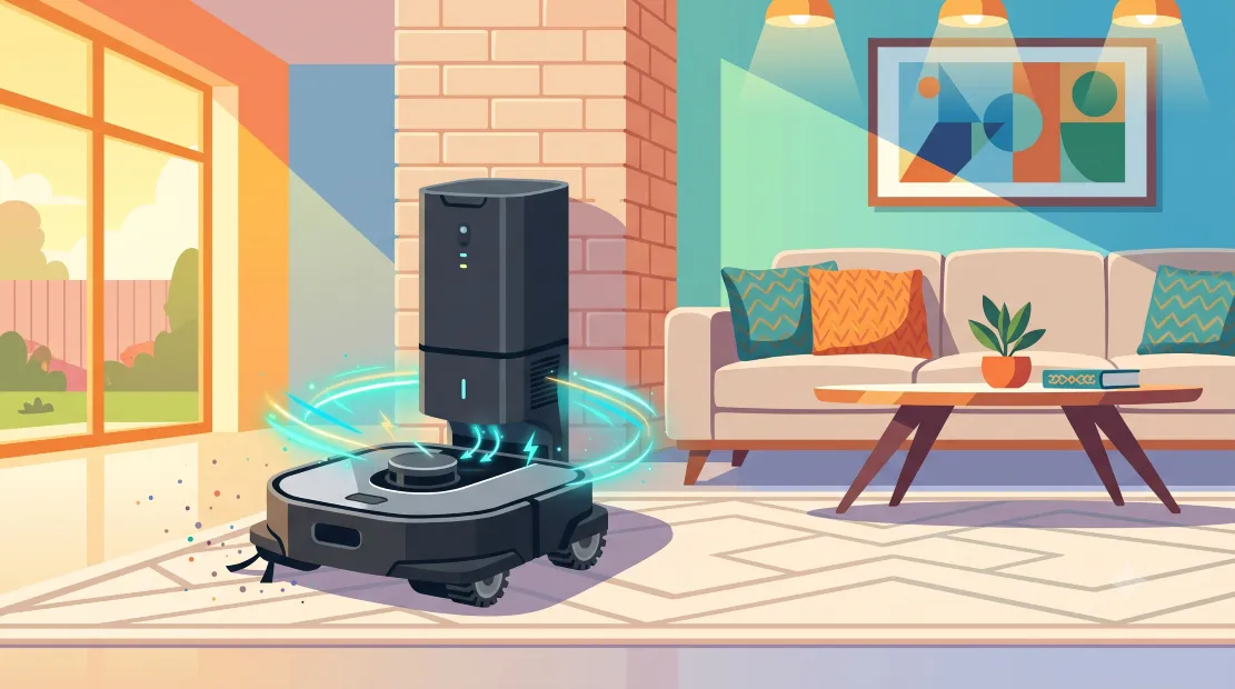 Roborock robot vacuum docked in a modern living room