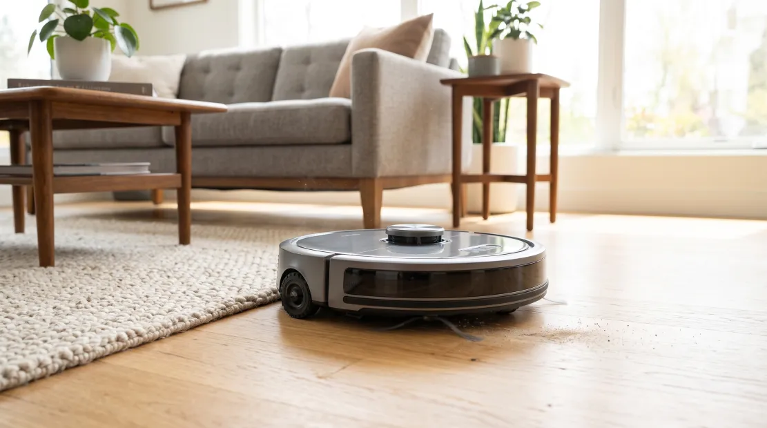 Robot vacuum building a room map while cleaning a living room