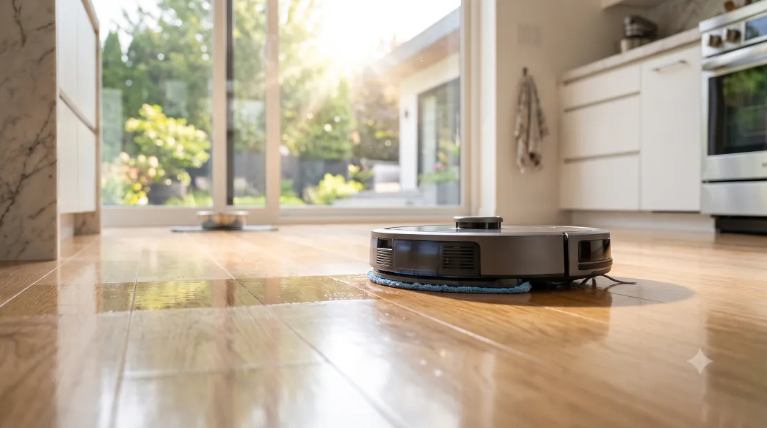Robot vacuum with mop attachment cleaning a hardwood floor
