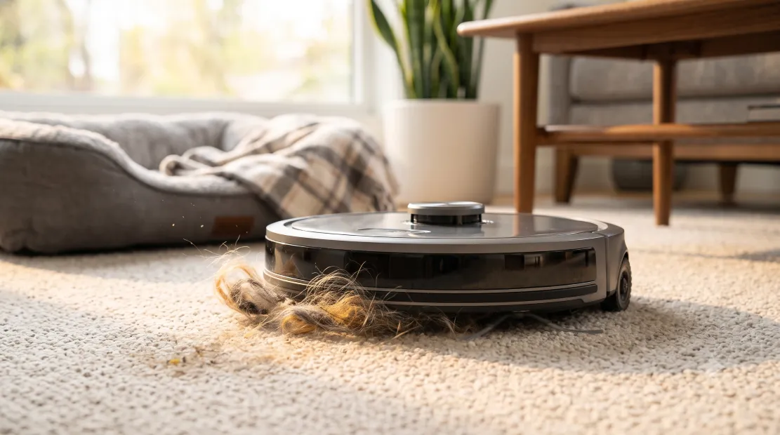 Robot vacuum cleaning pet hair from a carpet