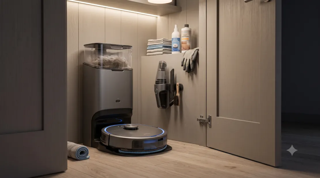 Robot vacuum self-empty dock tucked in a closet corner