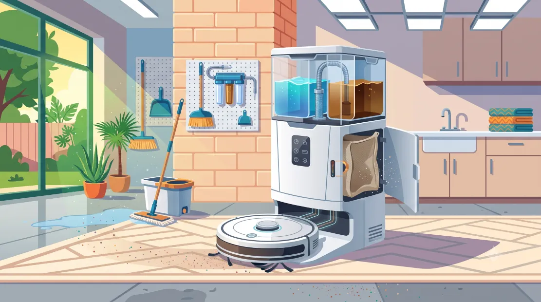 Robot vacuum self-empty dock with dust bag and water tanks
