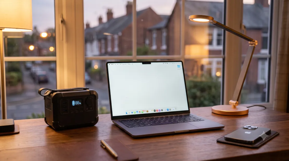 Small portable power station on a home office desk next to a laptop