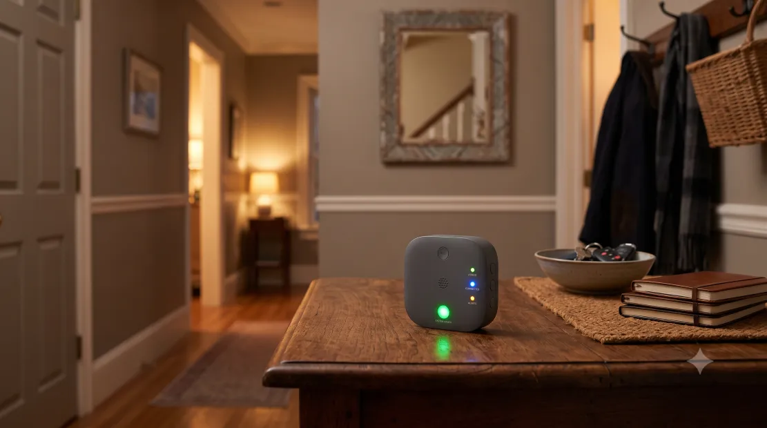 Smart home security hub and control panel indoors