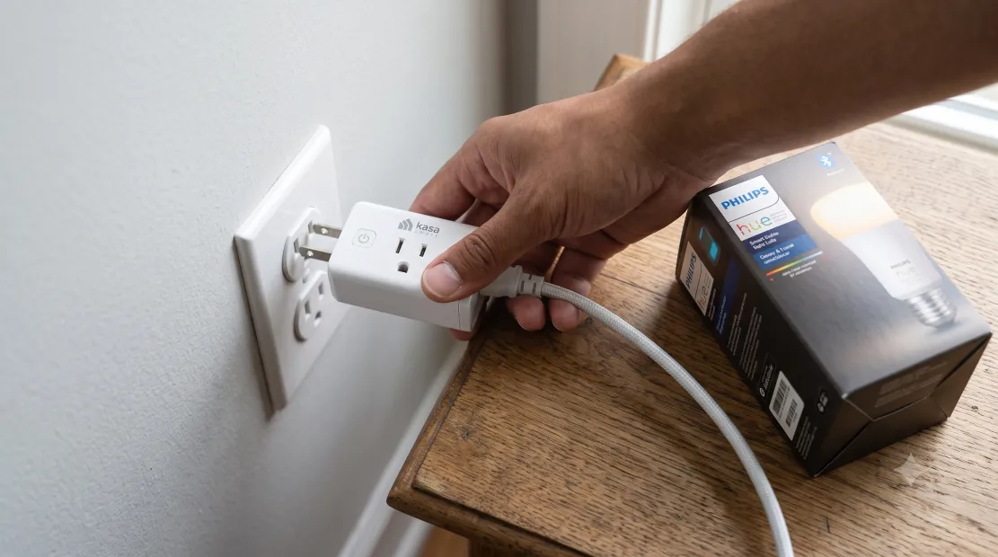 Smart plug and smart bulb being installed in a home