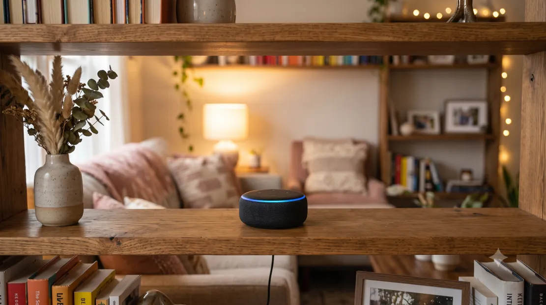 Smart speaker set up on a living room shelf