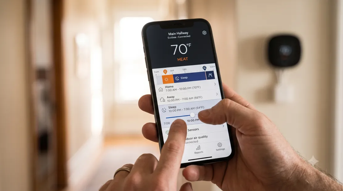 Smartphone app showing smart thermostat scheduling controls
