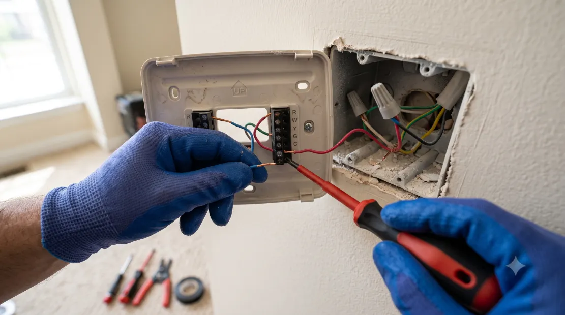 Electrician installing a smart thermostat and checking HVAC wiring