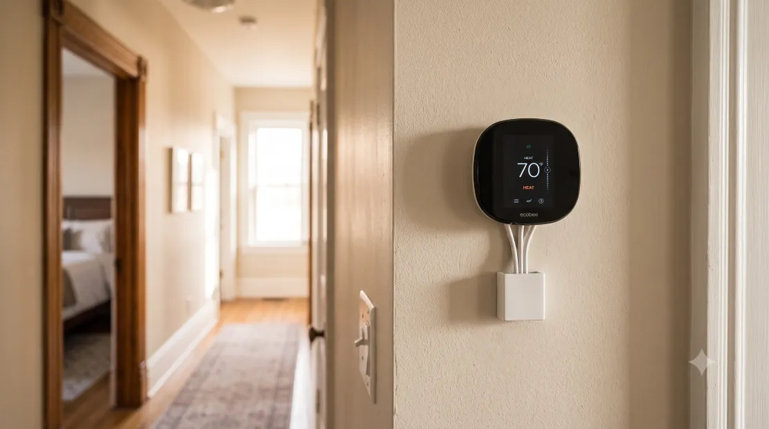 Smart thermostat installed on a hallway wall