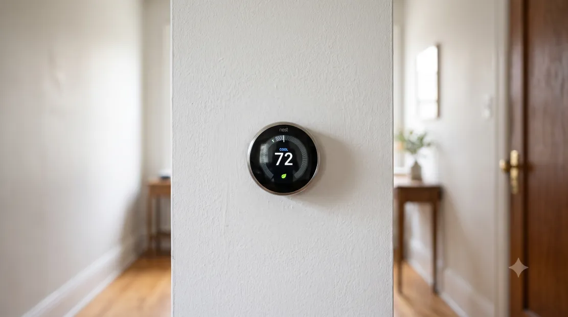 Smart thermostat mounted on a wall in a hallway