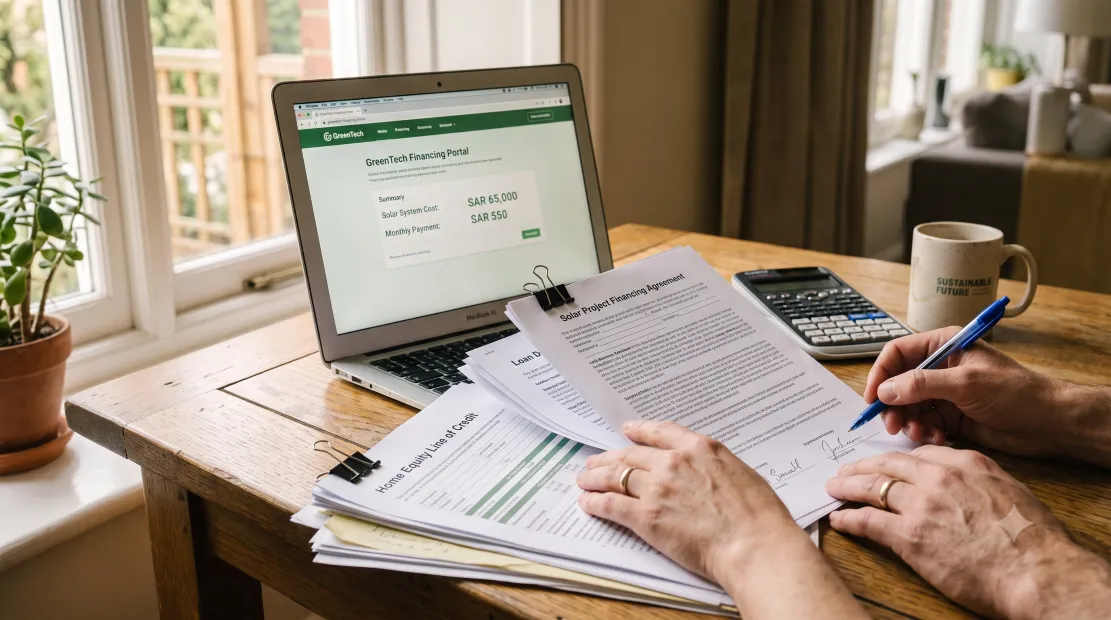 Homeowner reviewing solar financing paperwork at a kitchen table