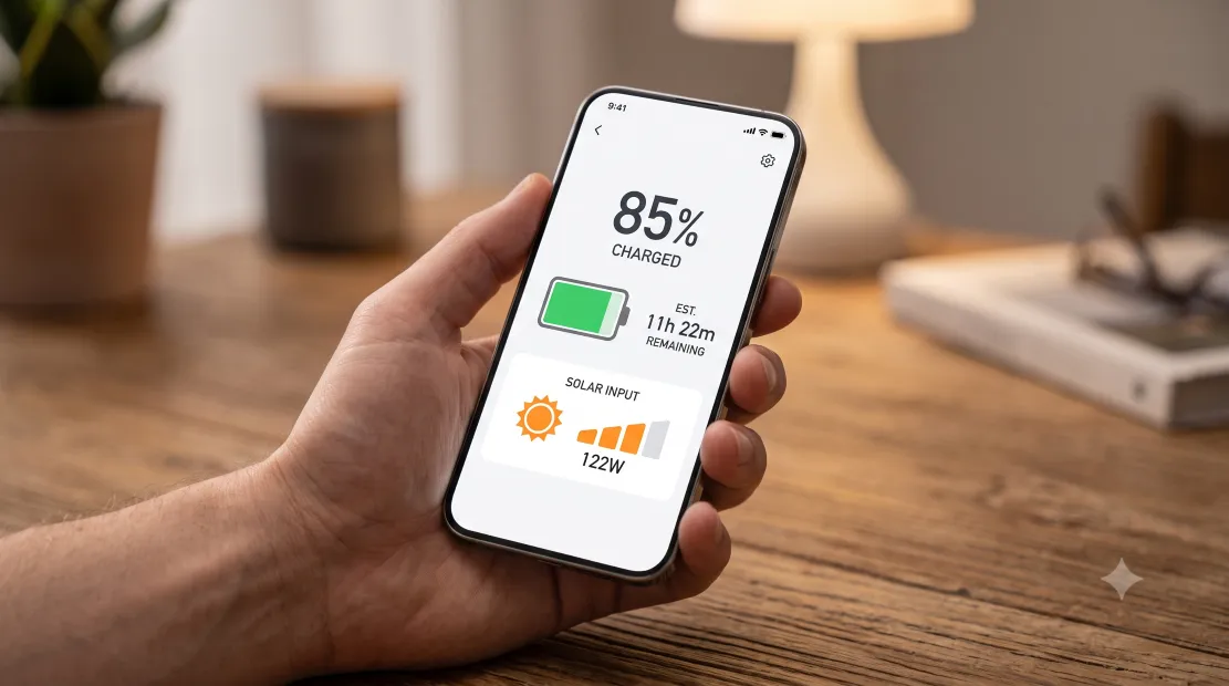 Smartphone app monitoring a solar generator's battery and solar input