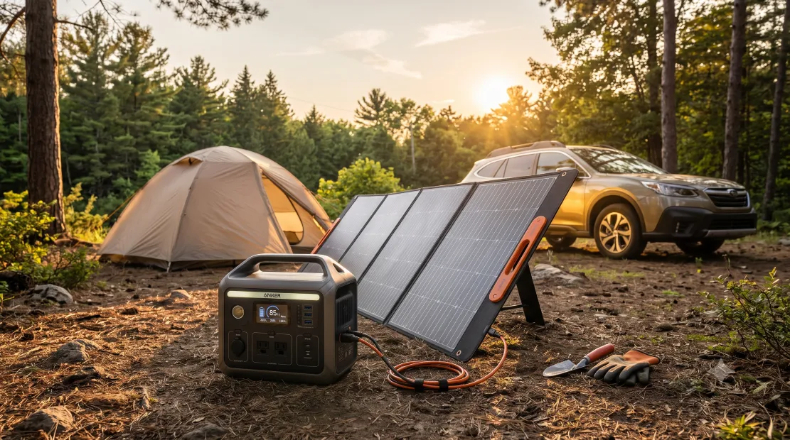 Solar generator and panel set up at an outdoor camping site