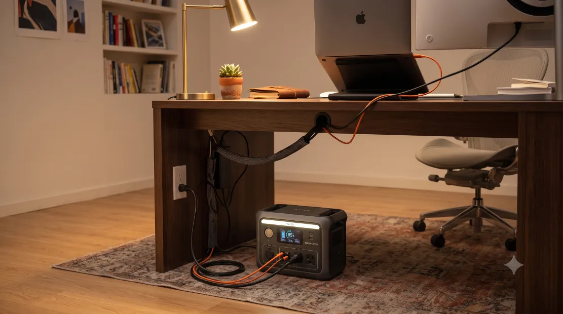 Solar generator powering a home office setup during a power outage