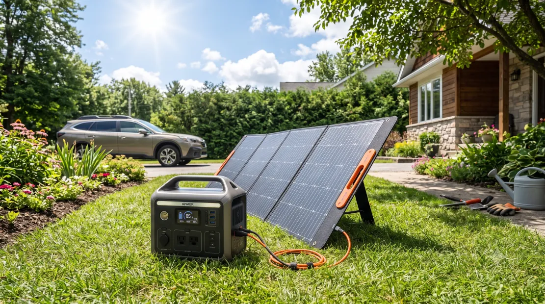 Solar generator panel charging a battery power station outdoors