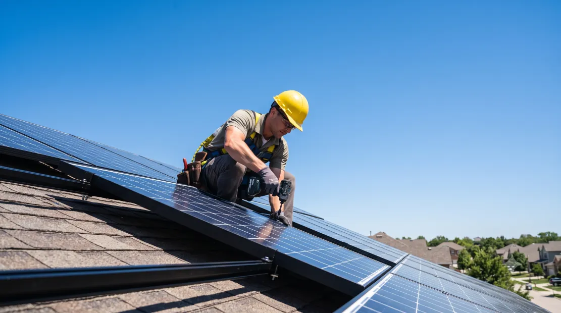 Solar installer mounting panels on a residential roof